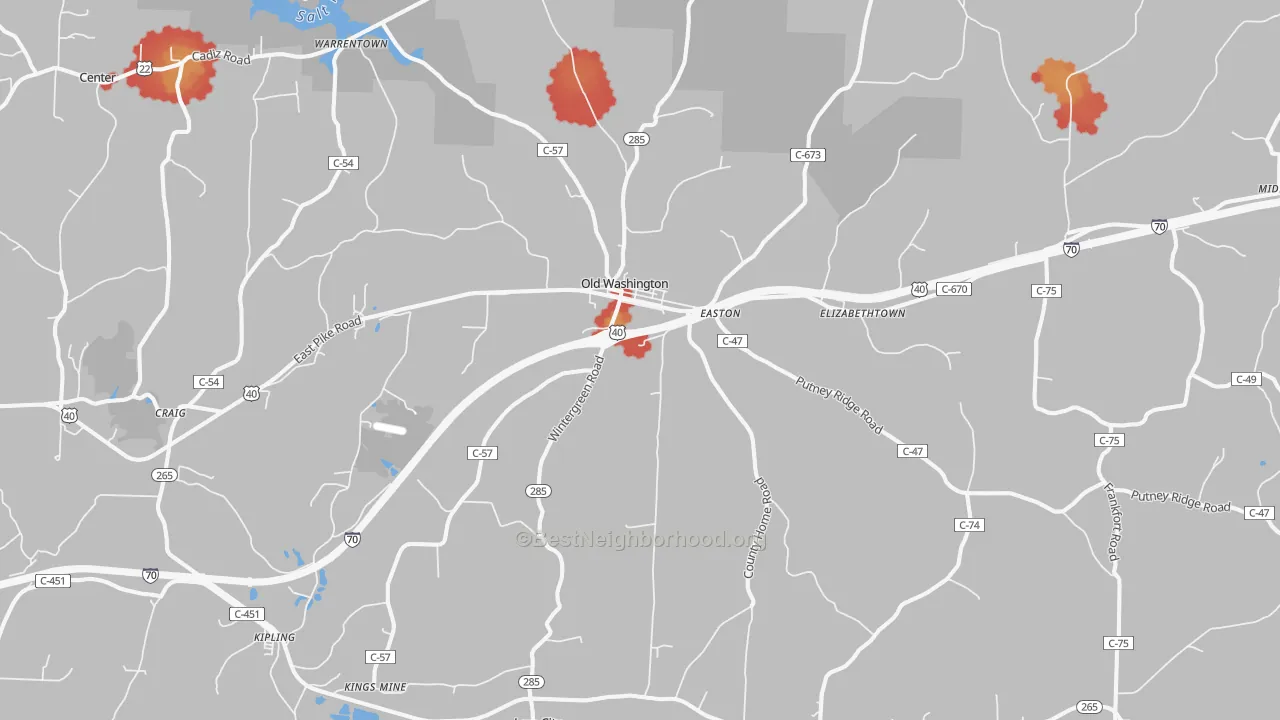 Walk Grade map of Lore City, OH, walkable areas in green and car-dependent areas in red