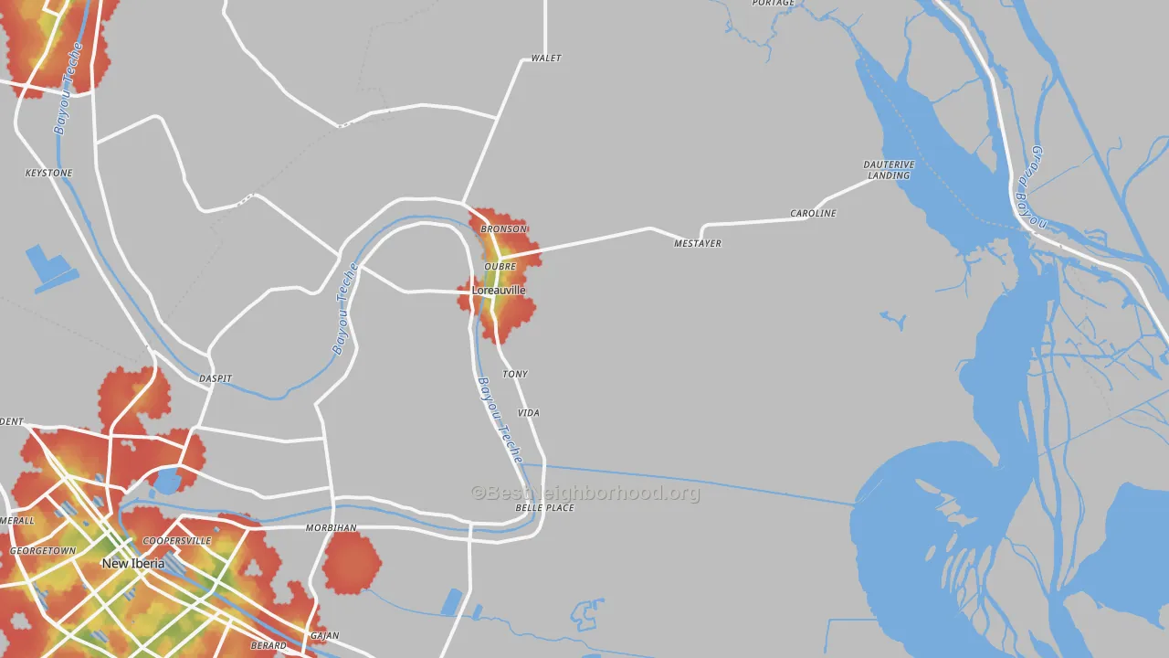 Walk Grade map of Loreauville, LA, walkable areas in green and car-dependent areas in red