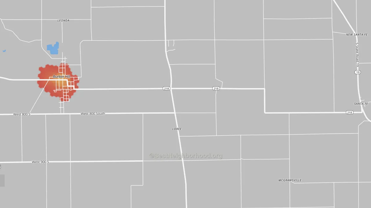 Walk Grade map of Loree, IN, walkable areas in green and car-dependent areas in red