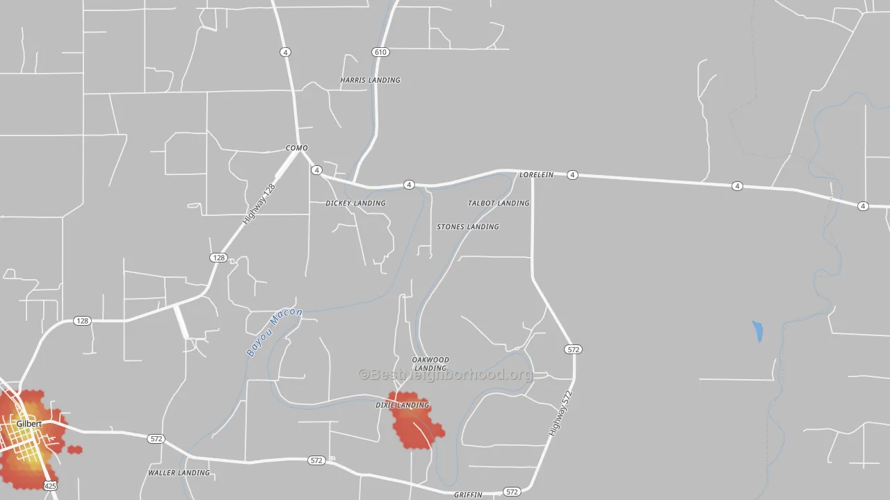 Walk Grade map of Lorelein, LA, walkable areas in green and car-dependent areas in red