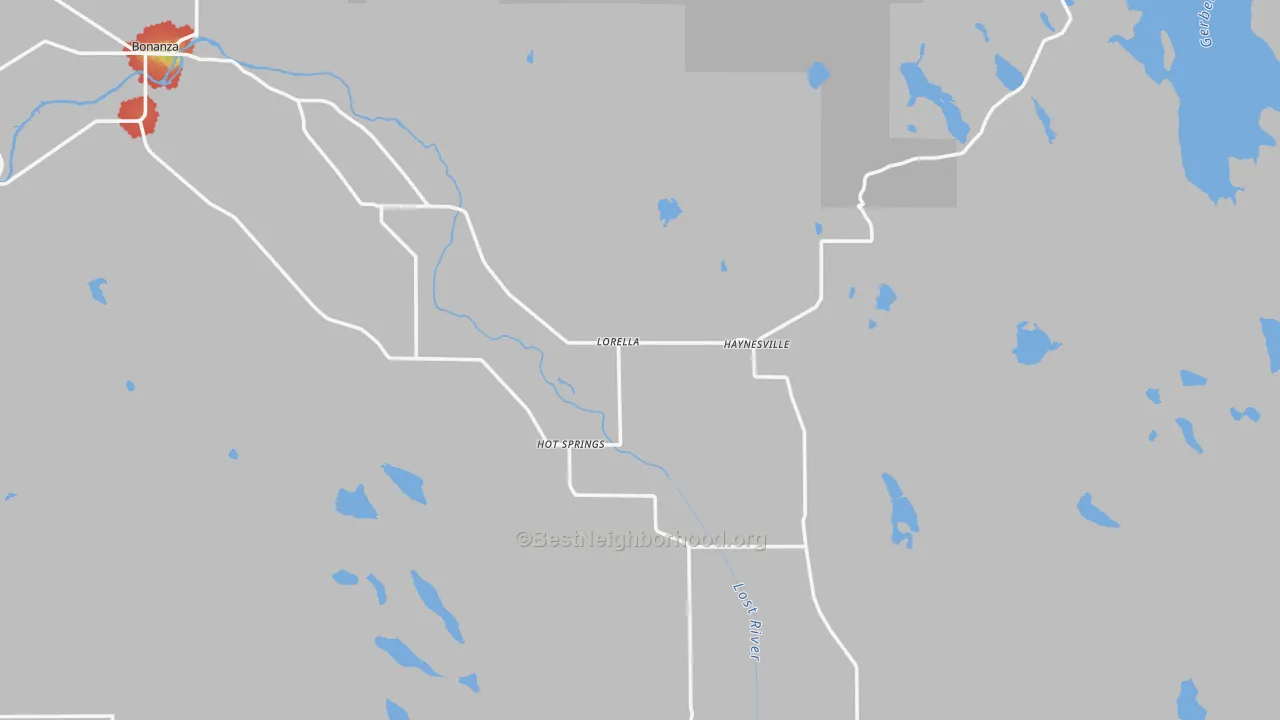 Walk Grade map of Lorella, OR, walkable areas in green and car-dependent areas in red