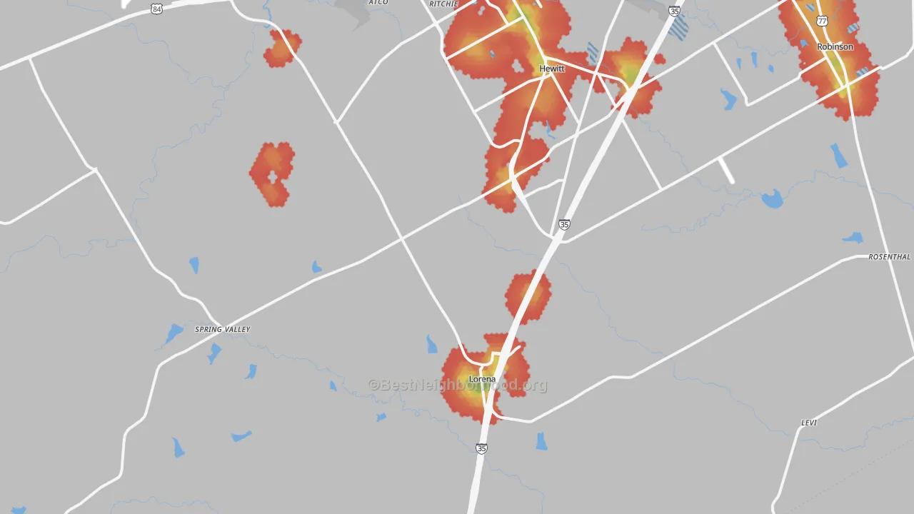 Walk Grade map of Lorena, TX, walkable areas in green and car-dependent areas in red