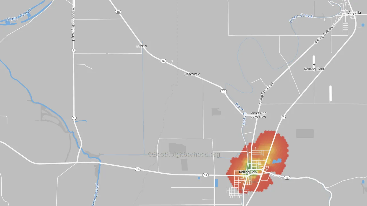 Walk Grade map of Lorenzen, MS, walkable areas in green and car-dependent areas in red