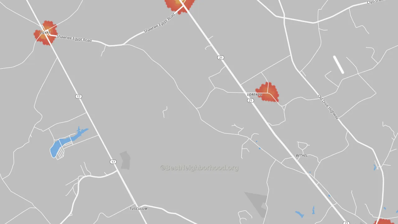 Walk Grade map of Lorenzo, GA, walkable areas in green and car-dependent areas in red