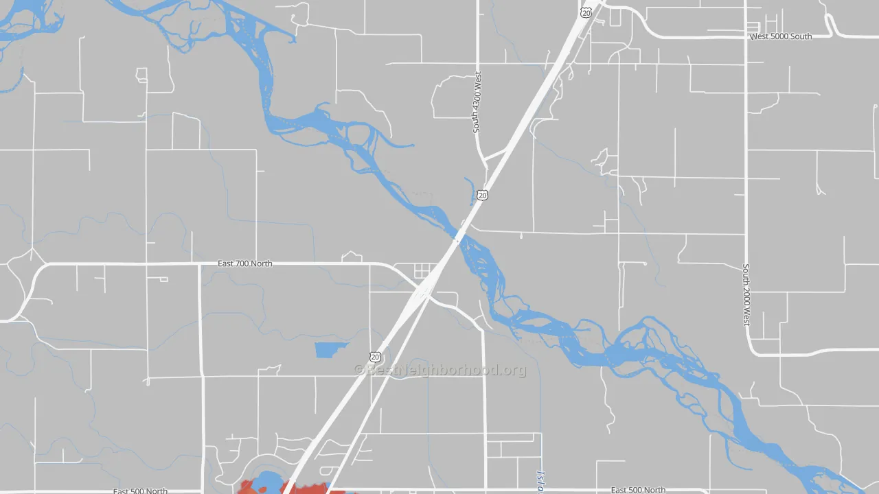 Walk Grade map of Lorenzo, ID, walkable areas in green and car-dependent areas in red