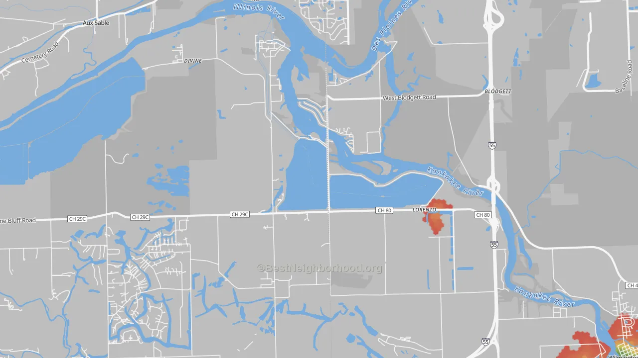 Walk Grade map of Lorenzo, IL, walkable areas in green and car-dependent areas in red