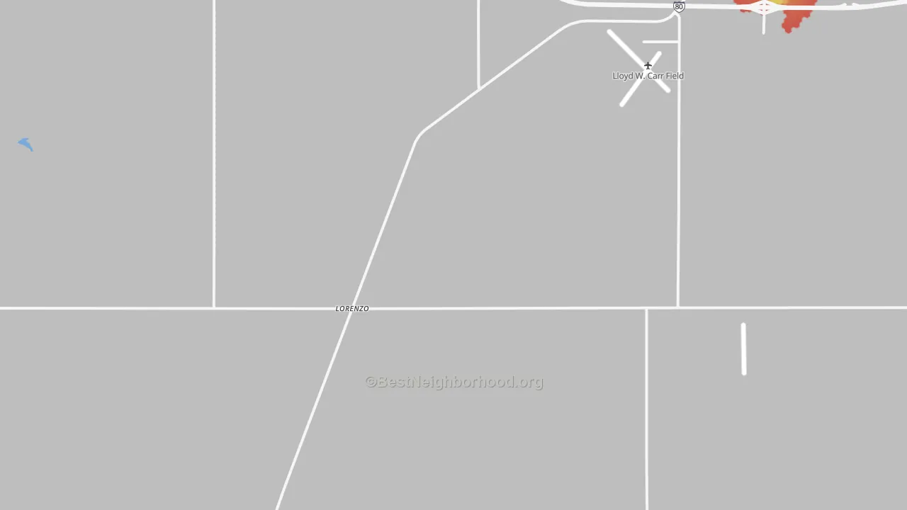 Walk Grade map of Lorenzo, NE, walkable areas in green and car-dependent areas in red