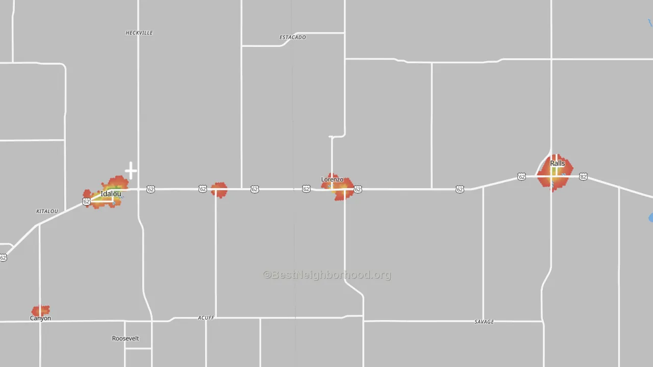 Walk Grade map of Lorenzo, TX, walkable areas in green and car-dependent areas in red