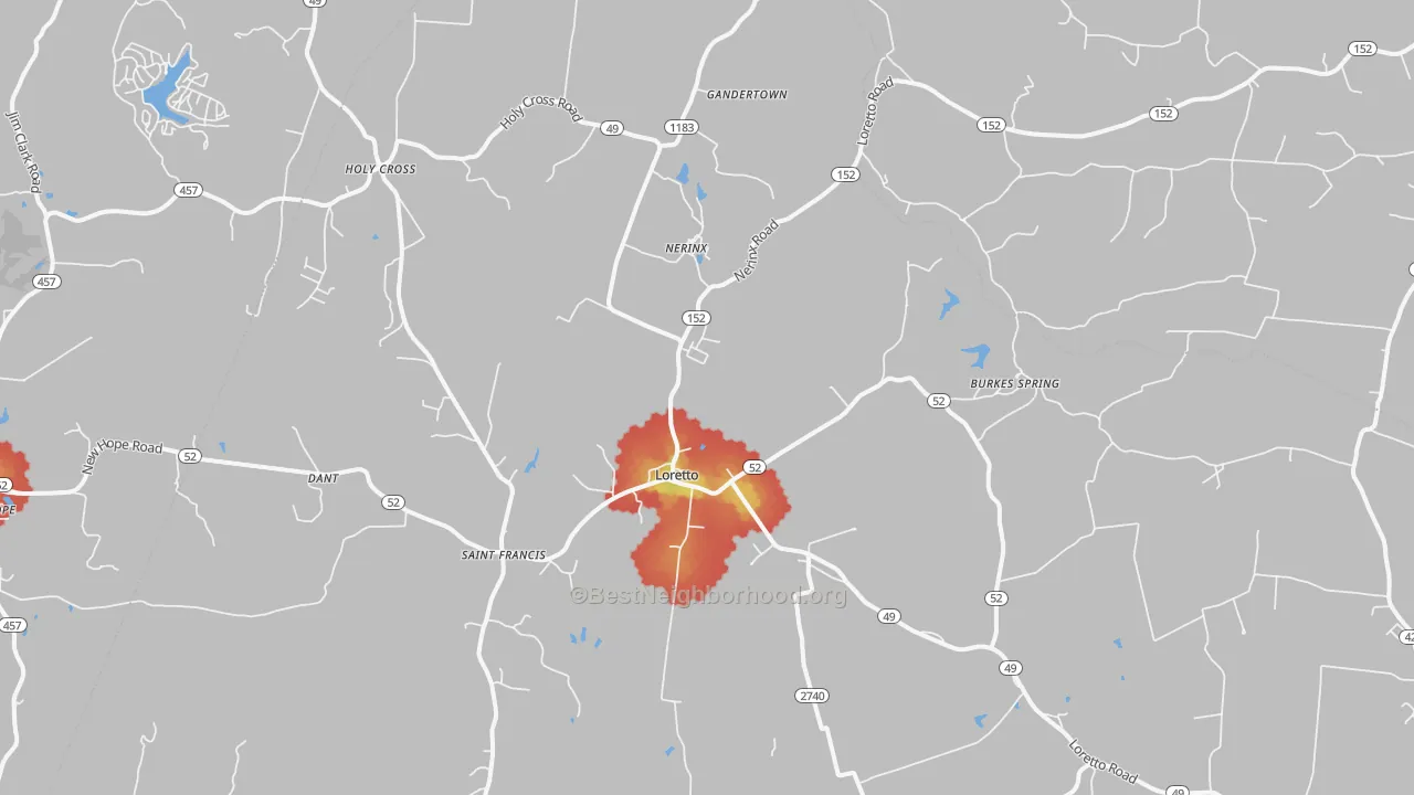 Walk Grade map of Loretto, KY, walkable areas in green and car-dependent areas in red