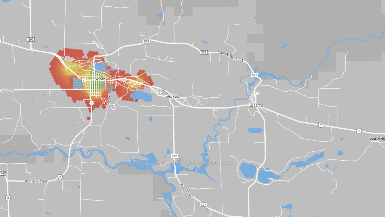 Walk Grade map of Loretto, MI, walkable areas in green and car-dependent areas in red