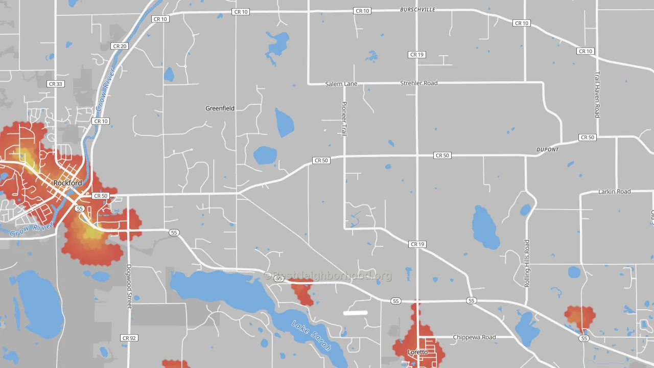 Walk Grade map of Loretto, MN, walkable areas in green and car-dependent areas in red