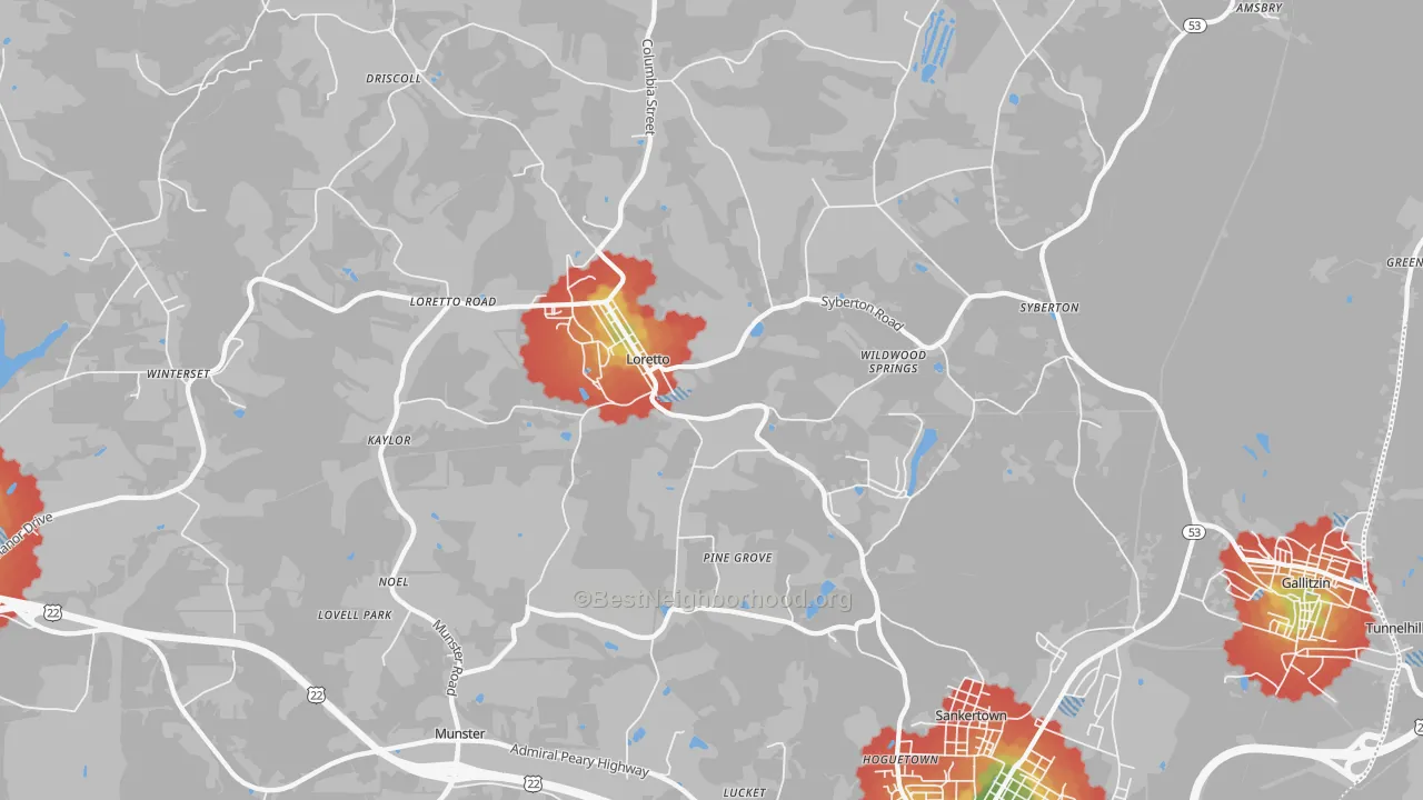 Walk Grade map of Loretto, PA, walkable areas in green and car-dependent areas in red