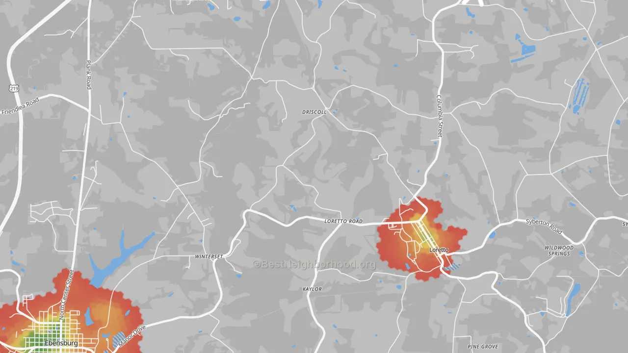 Walk Grade map of Loretto Road, PA, walkable areas in green and car-dependent areas in red