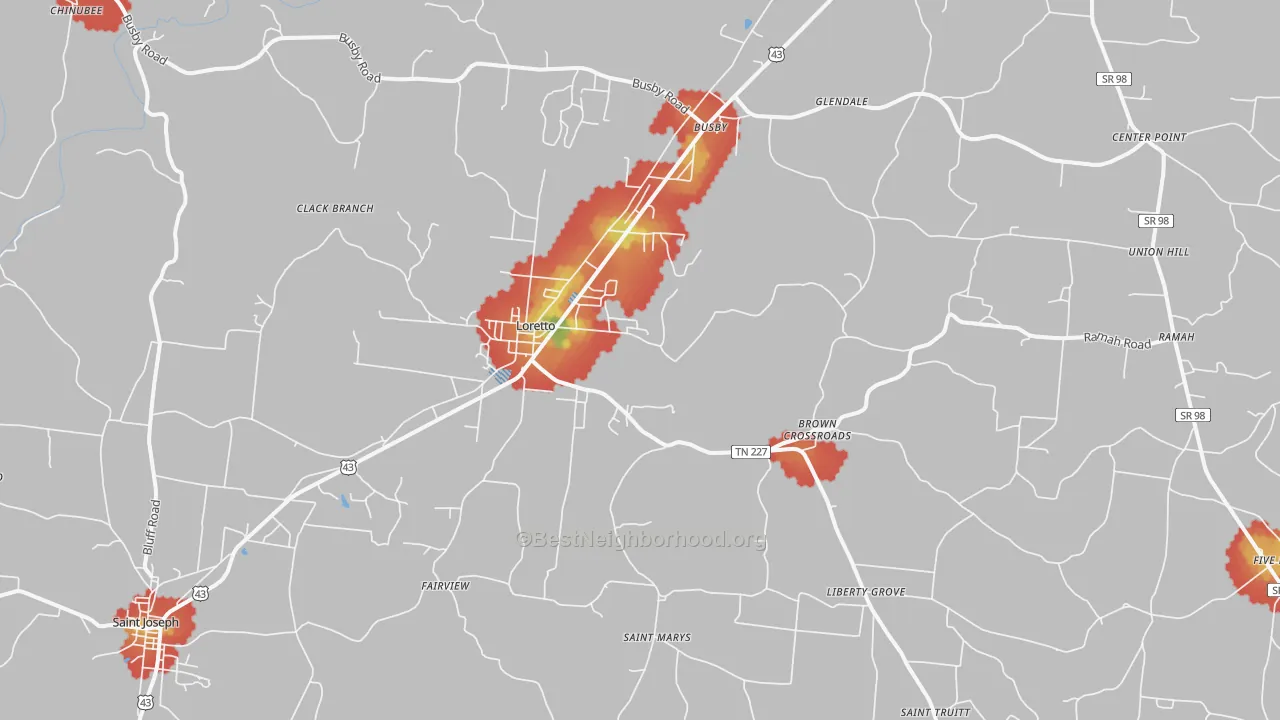 Walk Grade map of Loretto, TN, walkable areas in green and car-dependent areas in red