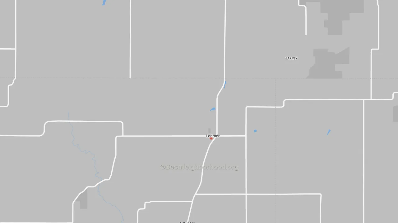 Walk Grade map of Lorimor, IA, walkable areas in green and car-dependent areas in red