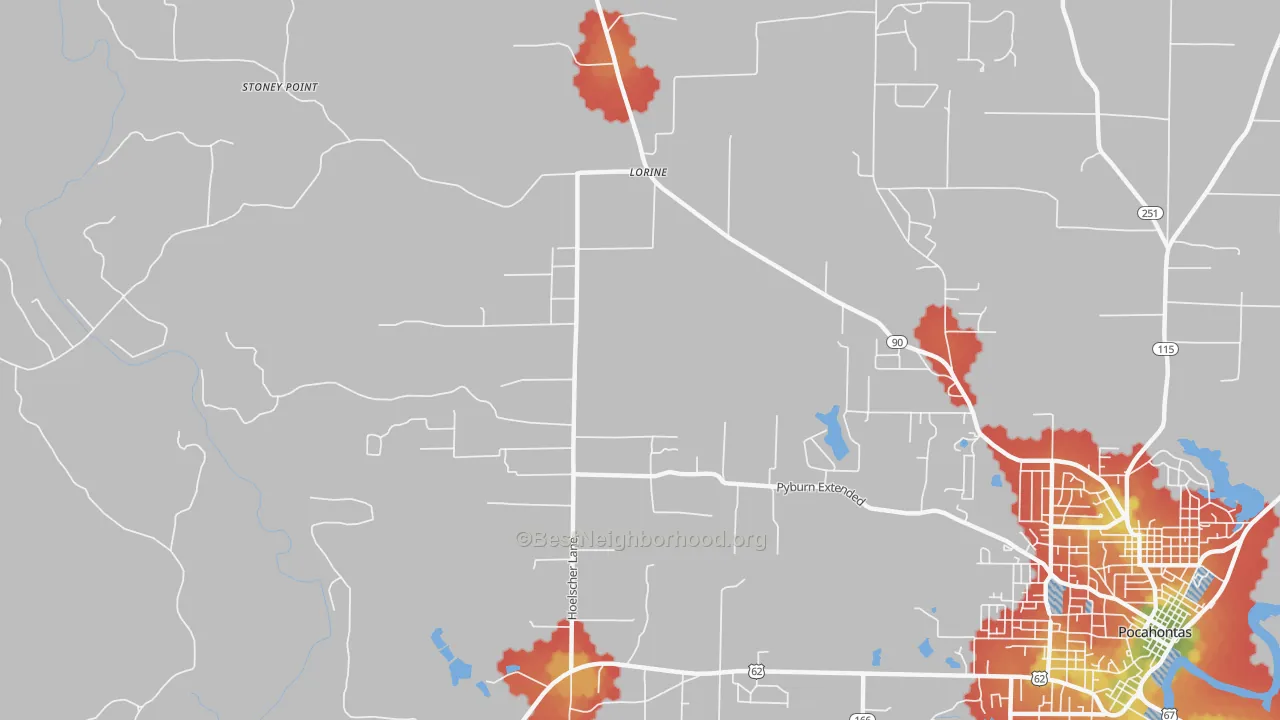 Walk Grade map of Lorine, AR, walkable areas in green and car-dependent areas in red