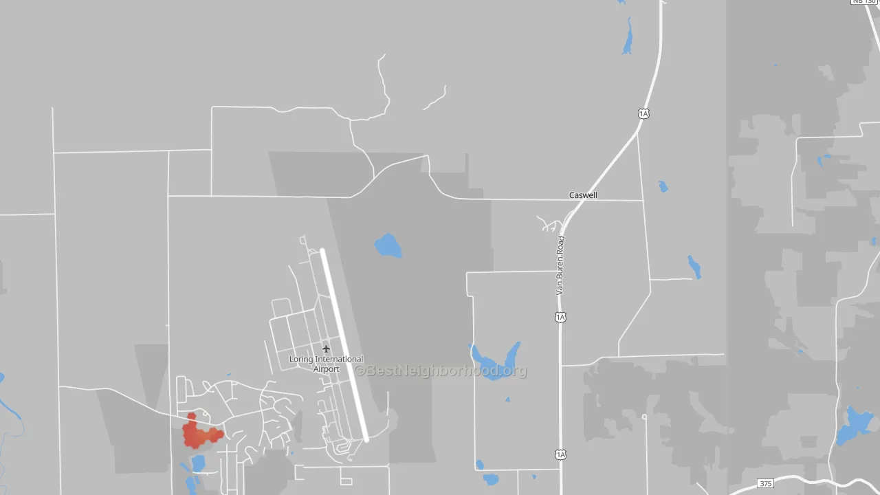 Walk Grade map of Loring Air Force Base, ME, walkable areas in green and car-dependent areas in red