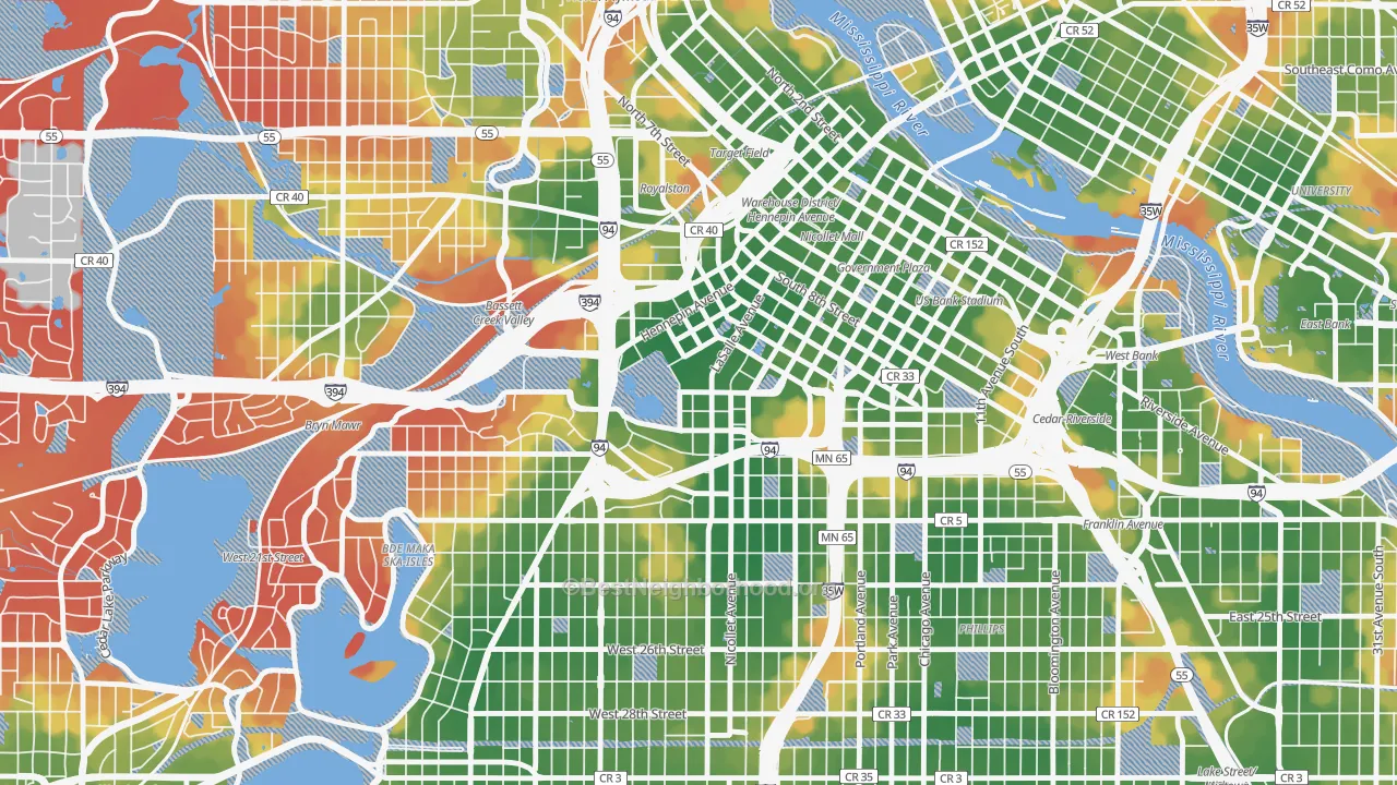 Walk Grade map of Loring Park, Minneapolis, MN, walkable areas in green and car-dependent areas in red
