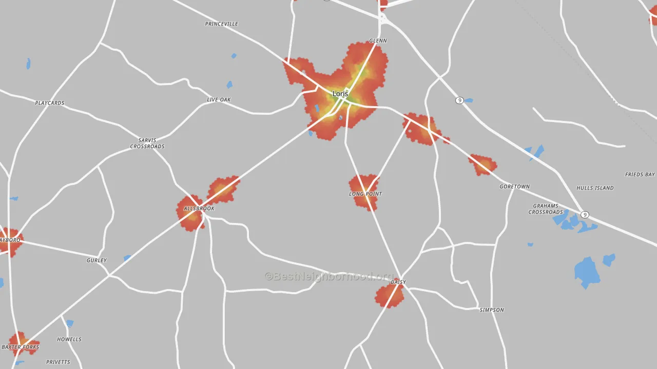 Walk Grade map of Loris, SC, walkable areas in green and car-dependent areas in red