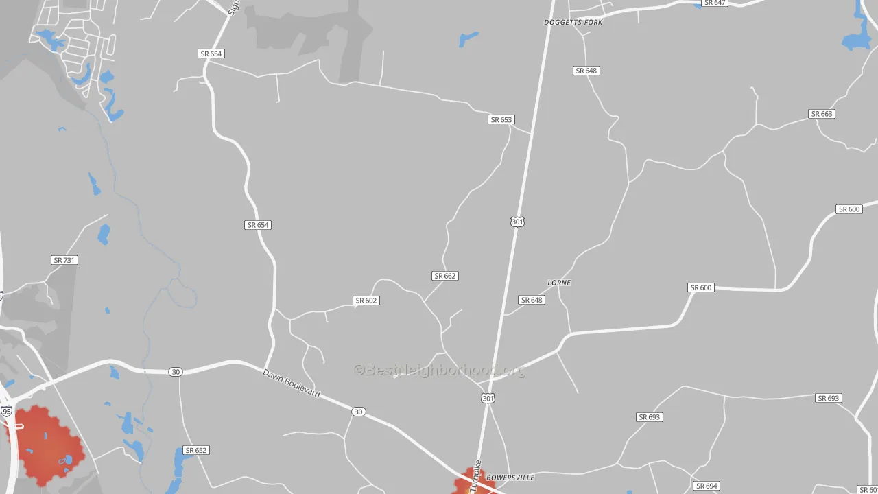 Walk Grade map of Lorne, VA, walkable areas in green and car-dependent areas in red