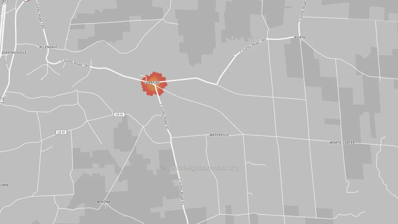 Walk Grade map of Lorraine, NY, walkable areas in green and car-dependent areas in red