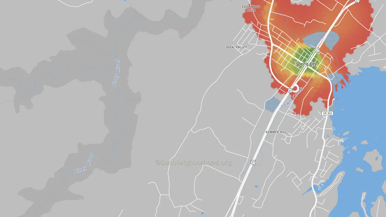 Walk Grade map of Lorraine, TN, walkable areas in green and car-dependent areas in red