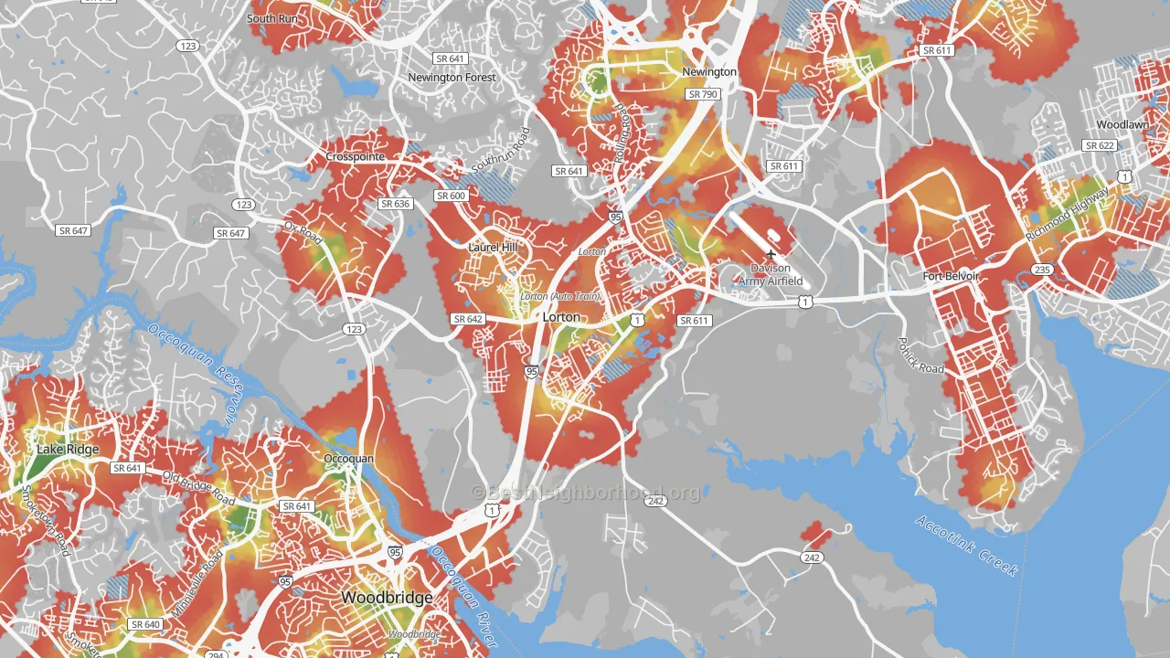 Walk Grade map of Lorton, VA, walkable areas in green and car-dependent areas in red