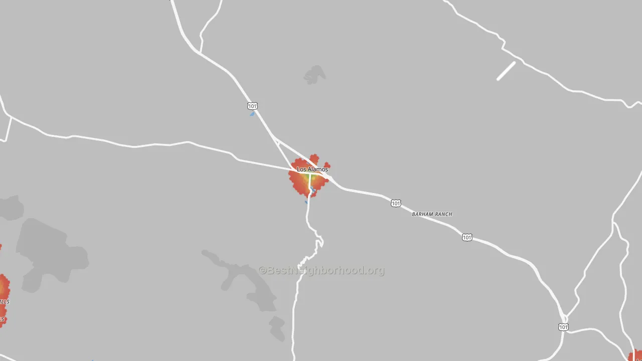 Walk Grade map of Los Alamos, CA, walkable areas in green and car-dependent areas in red