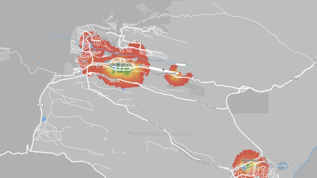 Walk Grade map of Los Alamos County, NM, walkable areas in green and car-dependent areas in red