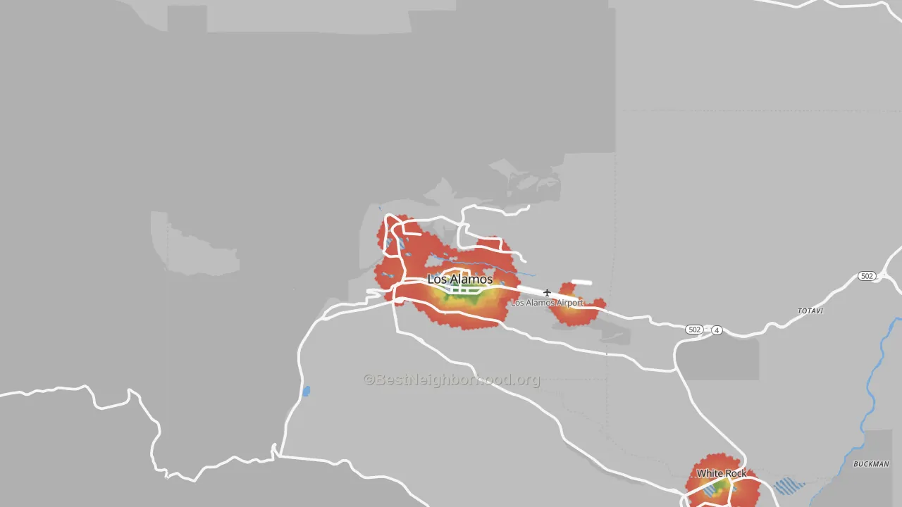 Walk Grade map of Los Alamos, NM, walkable areas in green and car-dependent areas in red