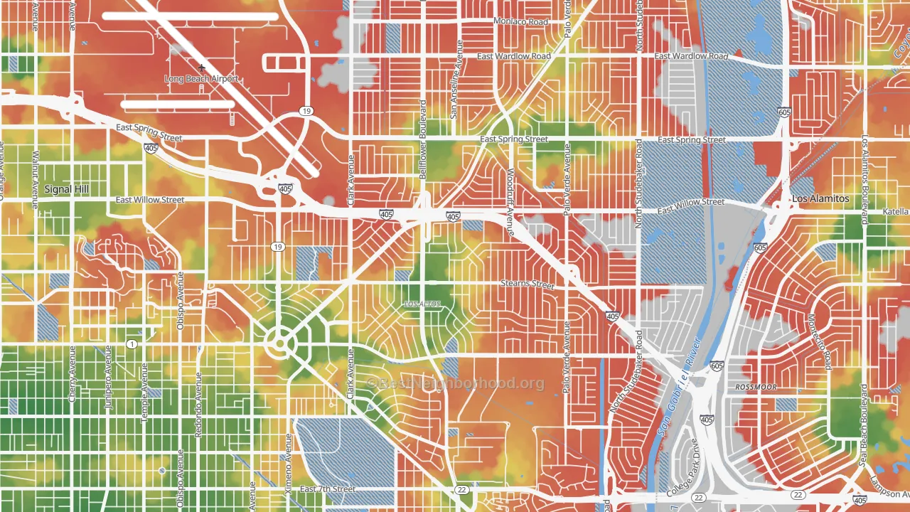 Walk Grade map of Los Altos, Long Beach, CA, walkable areas in green and car-dependent areas in red