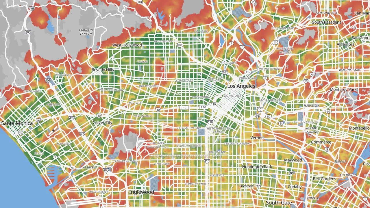 Walk Grade map of Los Angeles, CA, walkable areas in green and car-dependent areas in red