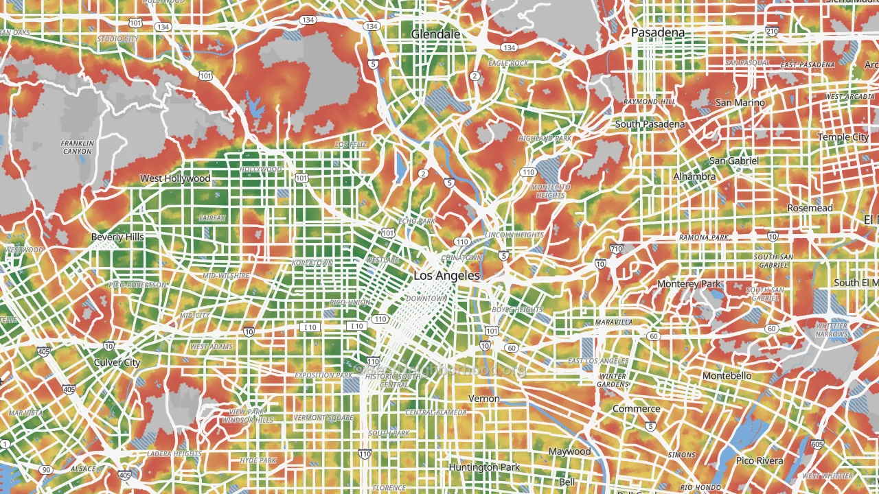 Walk Grade map of Los Angeles County, CA, walkable areas in green and car-dependent areas in red