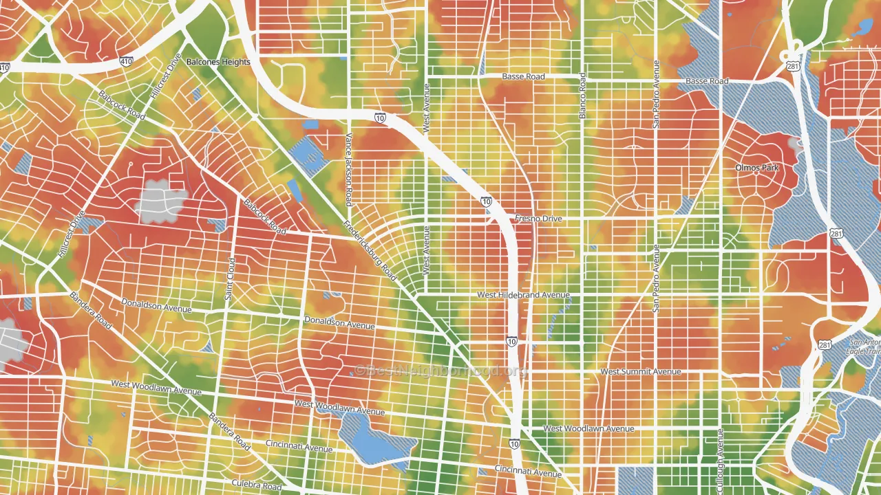 Walk Grade map of Los Angeles Heights-Keystone, San Antonio, TX, walkable areas in green and car-dependent areas in red