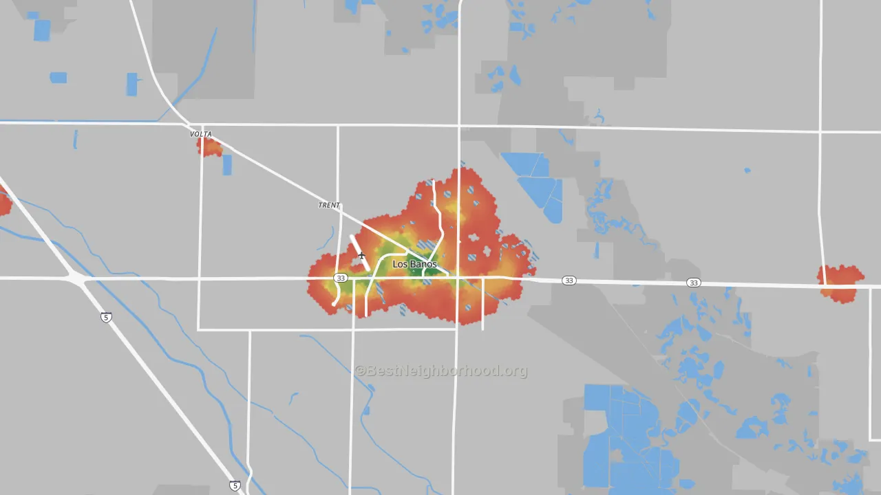 Walk Grade map of Los Banos, CA, walkable areas in green and car-dependent areas in red