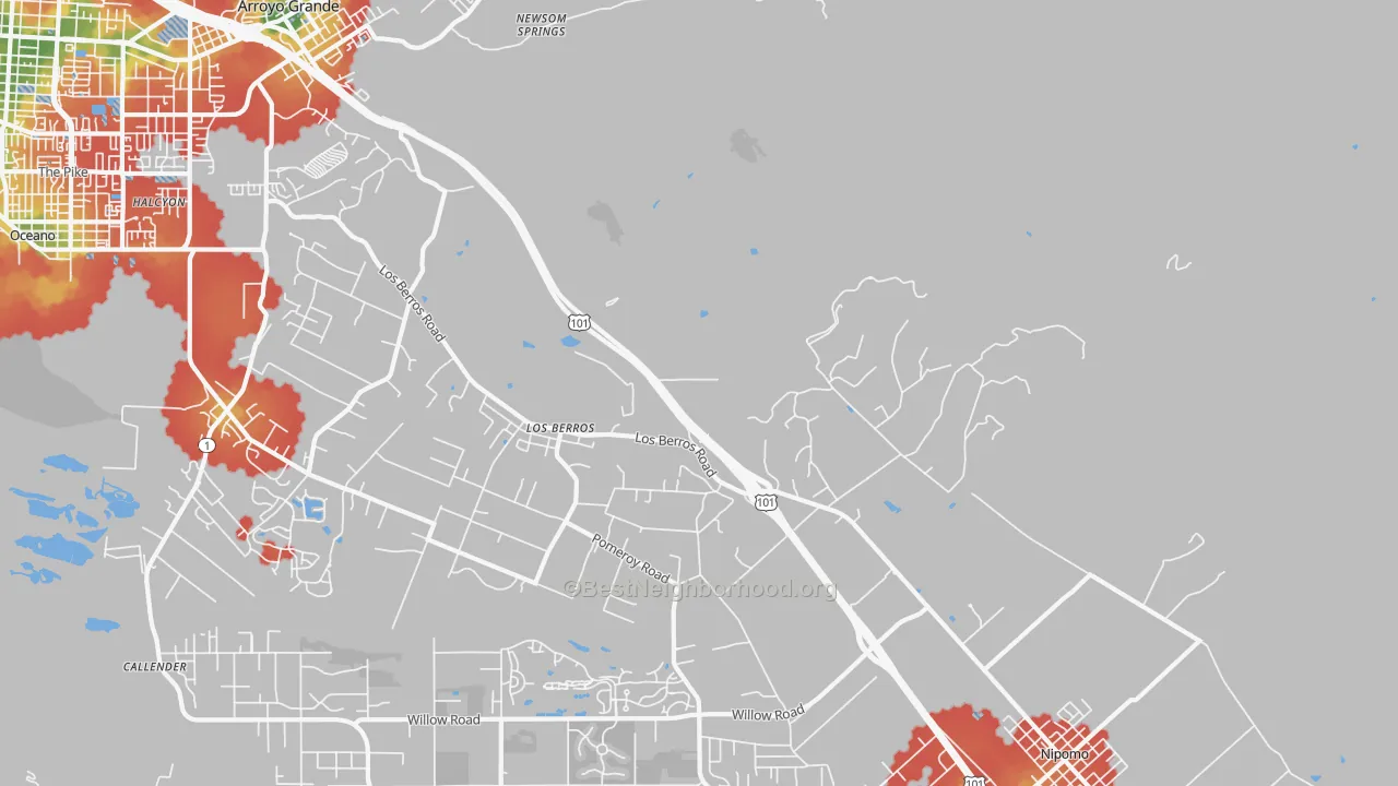 Walk Grade map of Los Berros, CA, walkable areas in green and car-dependent areas in red