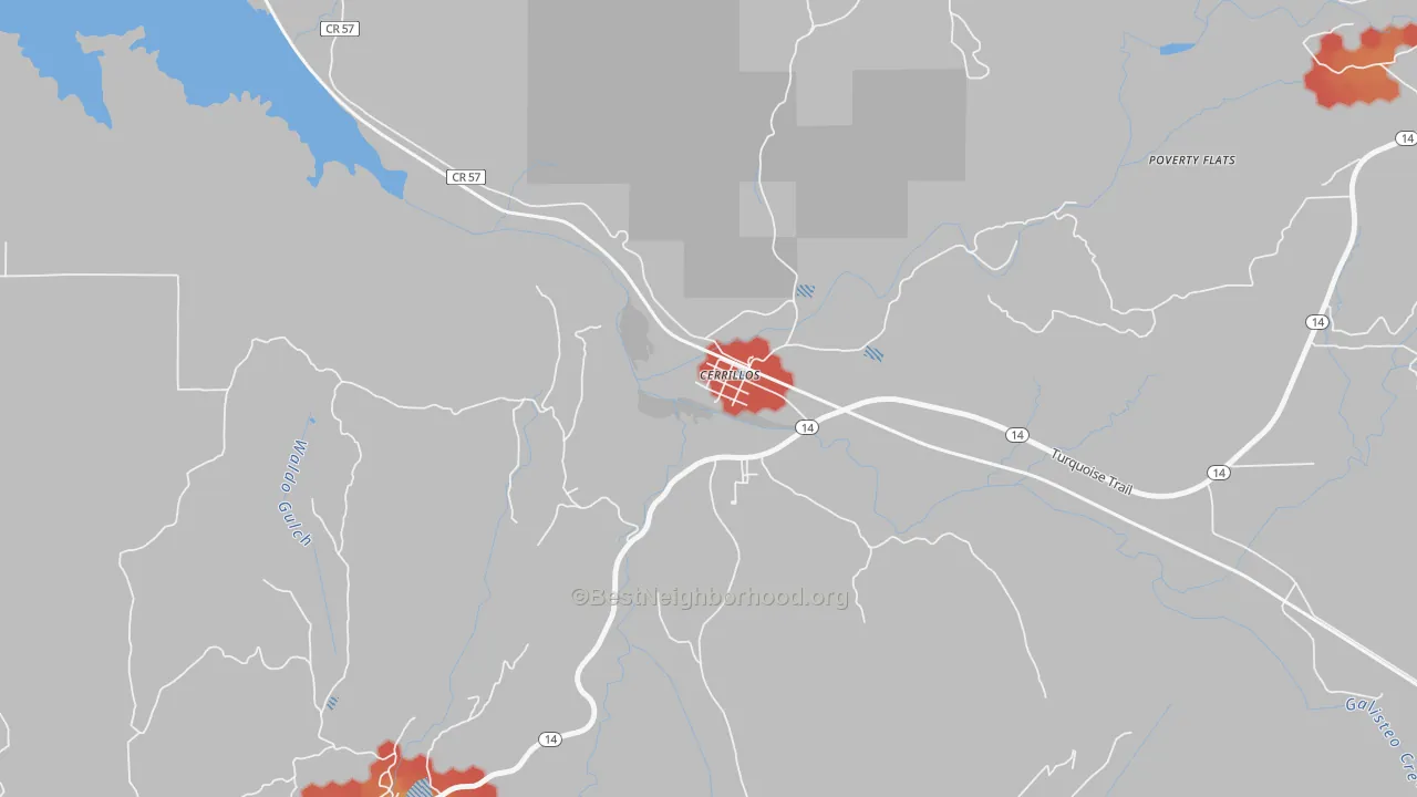 Walk Grade map of Los Cerrillos, NM, walkable areas in green and car-dependent areas in red
