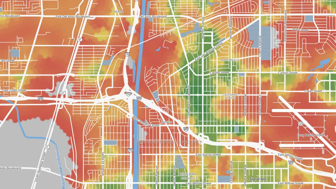 Walk Grade map of Los Cerritos, Long Beach, CA, walkable areas in green and car-dependent areas in red