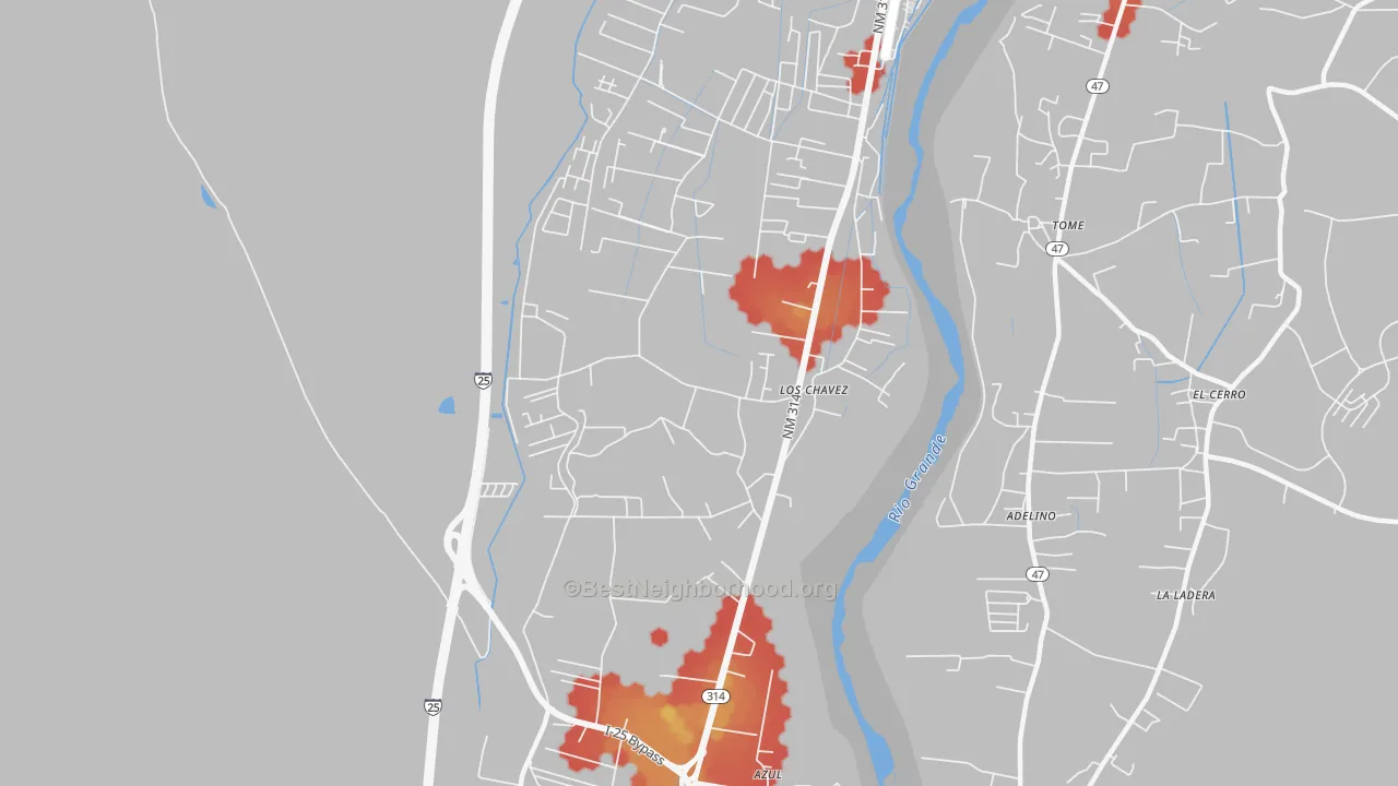 Walk Grade map of Los Chaves, NM, walkable areas in green and car-dependent areas in red