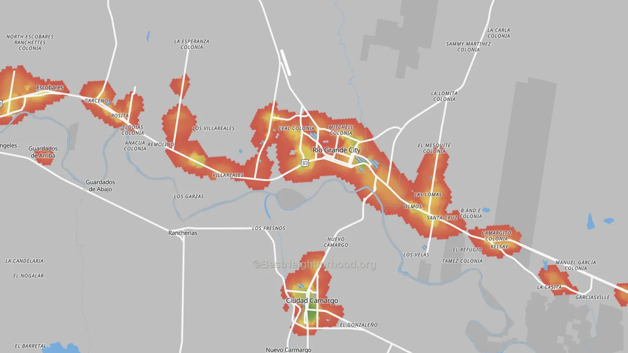 Walk Grade map of Los Ebanos, TX, walkable areas in green and car-dependent areas in red