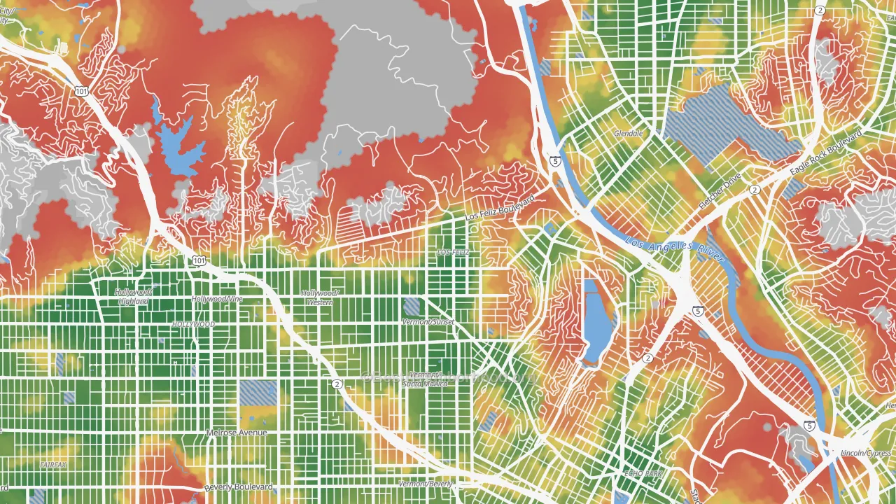 Walk Grade map of Los Feliz, Los Angeles, CA, walkable areas in green and car-dependent areas in red