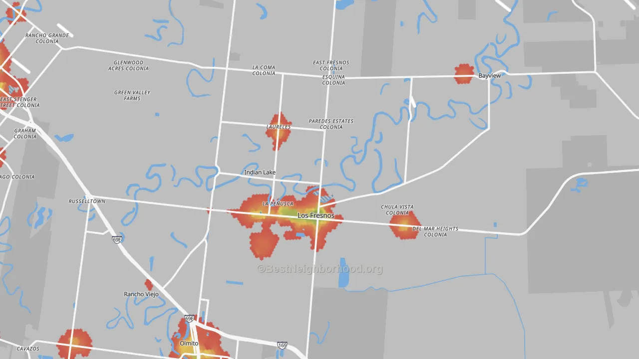 Walk Grade map of Los Fresnos, TX, walkable areas in green and car-dependent areas in red