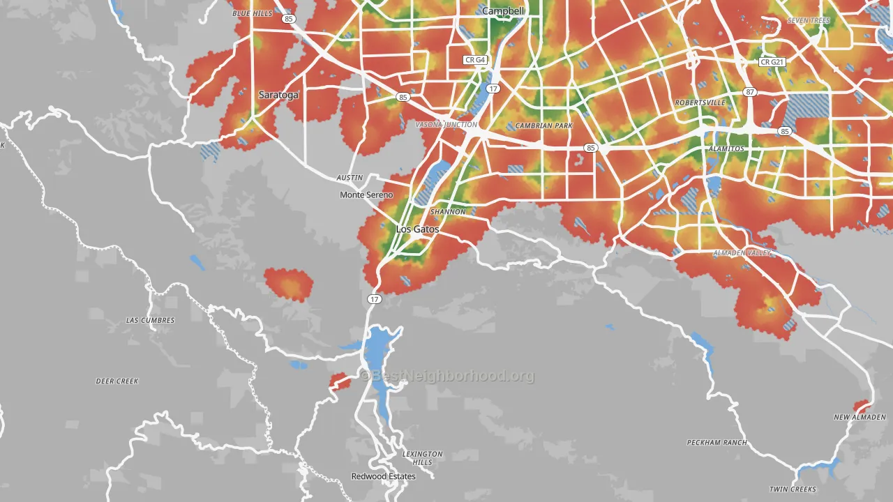 Walk Grade map of Los Gatos, CA, walkable areas in green and car-dependent areas in red