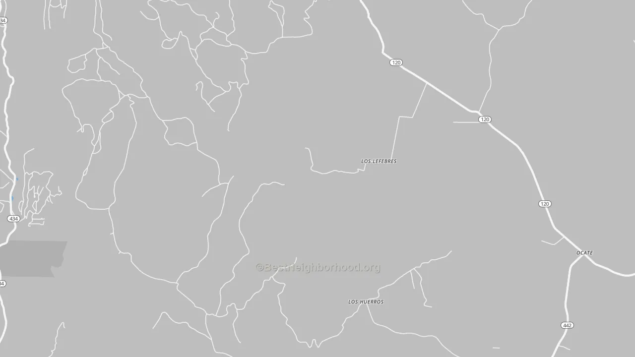 Walk Grade map of Los Hueros, NM, walkable areas in green and car-dependent areas in red