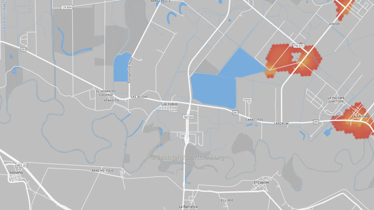 Walk Grade map of Los Indios, TX, walkable areas in green and car-dependent areas in red