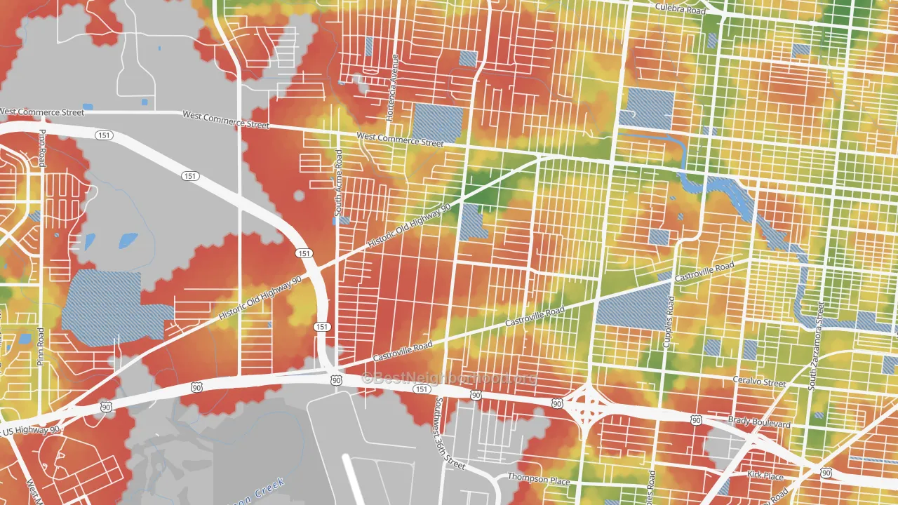 Walk Grade map of Los Jardines, San Antonio, TX, walkable areas in green and car-dependent areas in red