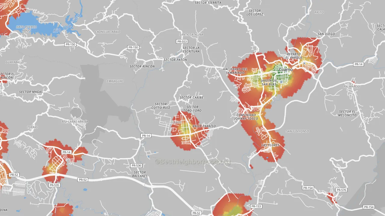 Walk Grade map of Los Llanos, PR, walkable areas in green and car-dependent areas in red