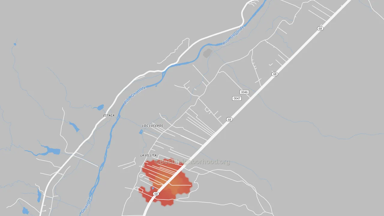 Walk Grade map of Los Luceros, NM, walkable areas in green and car-dependent areas in red