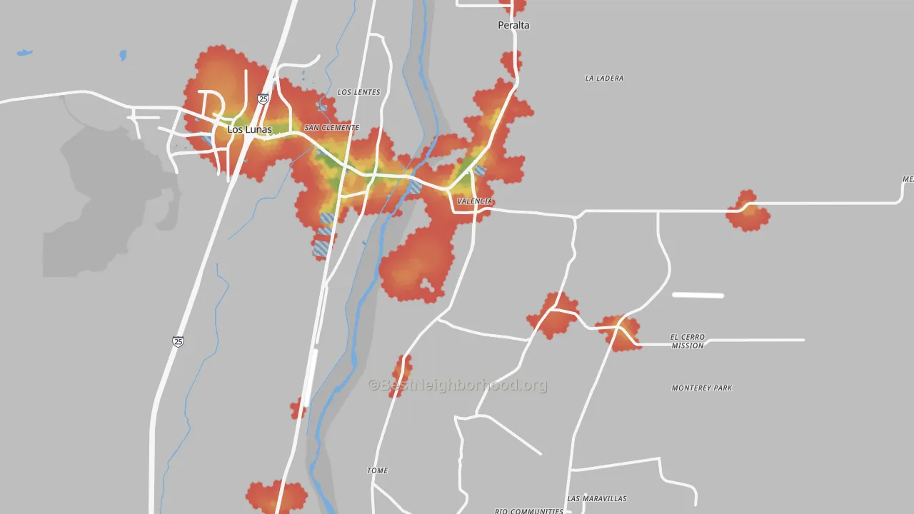 Walk Grade map of Los Lunas, NM, walkable areas in green and car-dependent areas in red