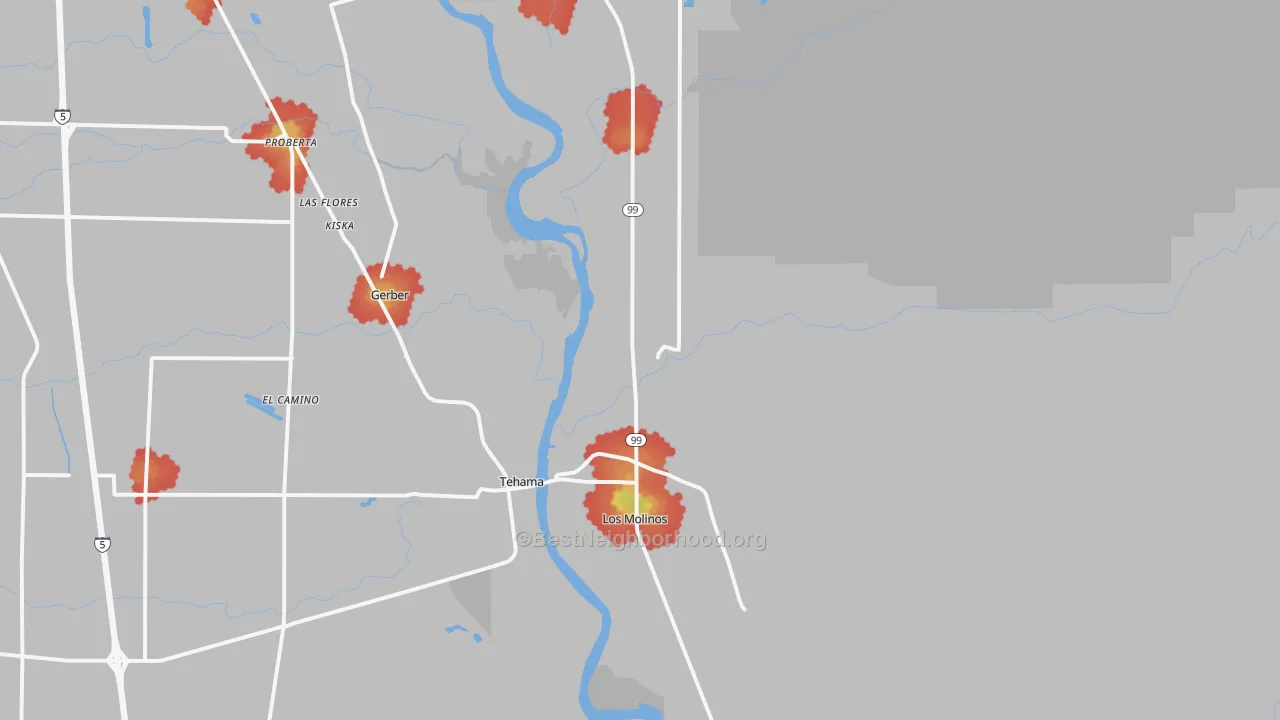 Walk Grade map of Los Molinos, CA, walkable areas in green and car-dependent areas in red